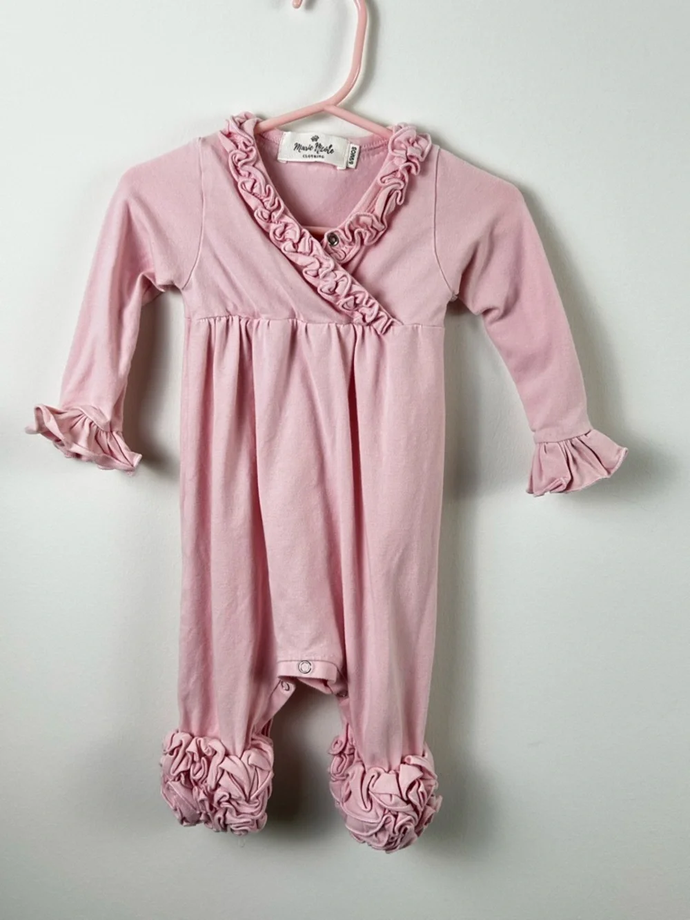 Marie Nicole Clothing Baby Pink Ruffle-Trim Footed One-Piece